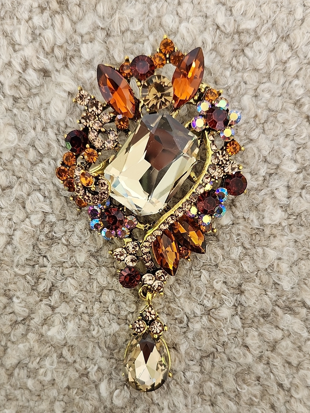 Gold-Tone Amber Crystal Drop Brooch Necklace Pendant